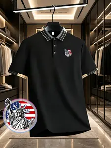 Fashion Casual Summer Short Sleeve Polo Shirt, Statue of Liberty Print, Outdoor Running Golf Collar, Button Front, Breathable Polyester