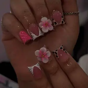 24pcs Y2K Style Long Duck Paw Press-On Nails, 3D Flowers, Acrylic Set with Jelly Glue and Nail File, Medium Length, Plain Surface, False Nail Kits
