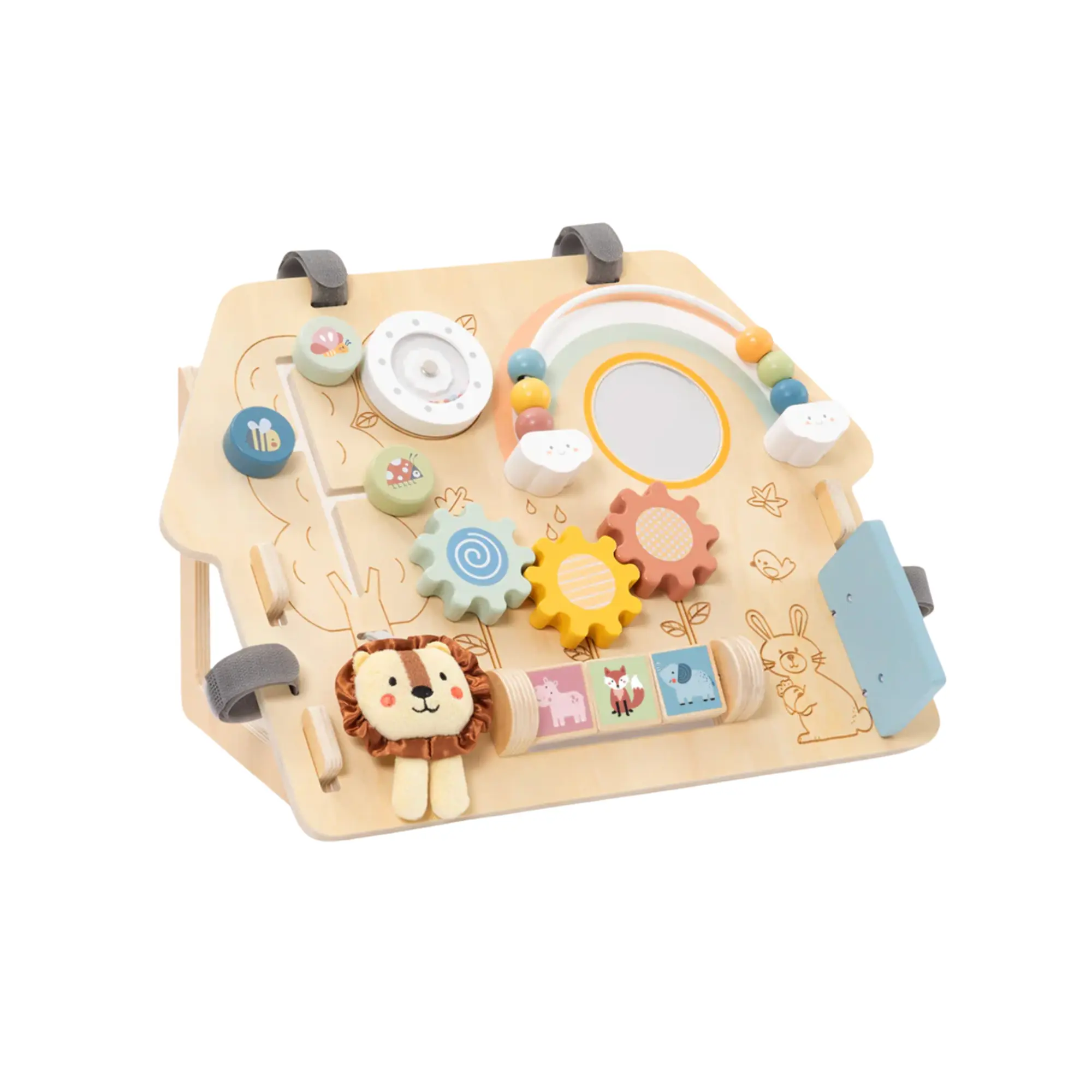 Wooden Montessori Busy Board for Toddlers, Fine Motor Skills Activity Toy with Gears, Locks, Clock and Sensory Learning Activities
