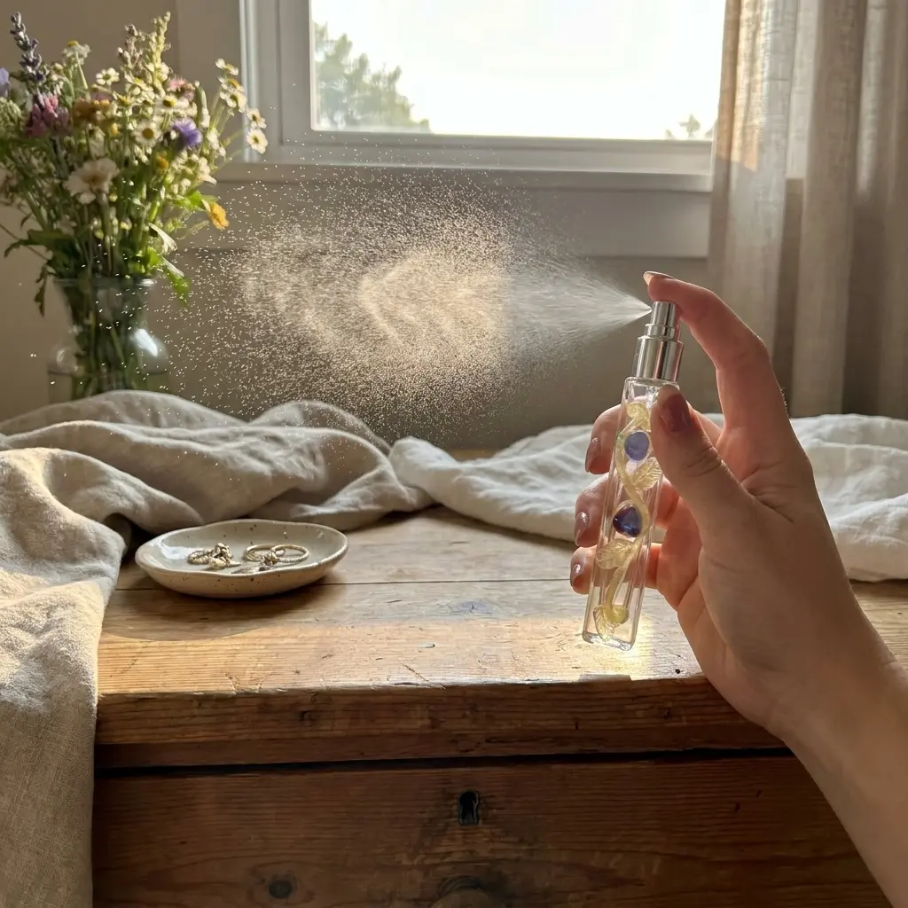 Refillable Perfume Spray Bottle with Natural Amethyst Crystals in Pastel Gift Box, Vintage Handcrafted Vine Glass Fragrance Atomizer for Essential Oils Travel, Portable Beauty Container Gift for Women