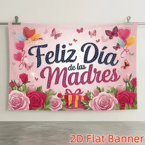 1PC Custom 2D Flat Polyester Backdrop Banner - Spanish Mother's Day Decor with Warm Flowers, Butterflies, Balloons, Festive Party & Family Gathering Background Cloth for Birthday Celebrations