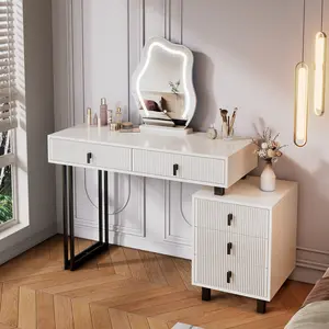 Adjustable-Length Vanity Table with Cloud LED Mirror & Ribbed Texture Design, Modern Makeup Desk with Storage Drawers & Side Cabinet for Bedroom, Dorm & Small Spaces
