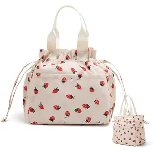 Reusable Drawstring Insulated Lunch Bag for Women, Stain-Resistant Large Cinch Closure Lunch Bag for Work Office