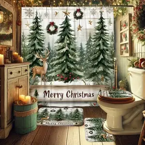 Christmas Joy Winter Decor Curtain Tree Deer Branch Rings Coniferous Farmhouse Style Bathroom Set, Non-Slip Mat, U-Shaped Rug, Toilet Lid Cover, Bathroom Decoration Accessories