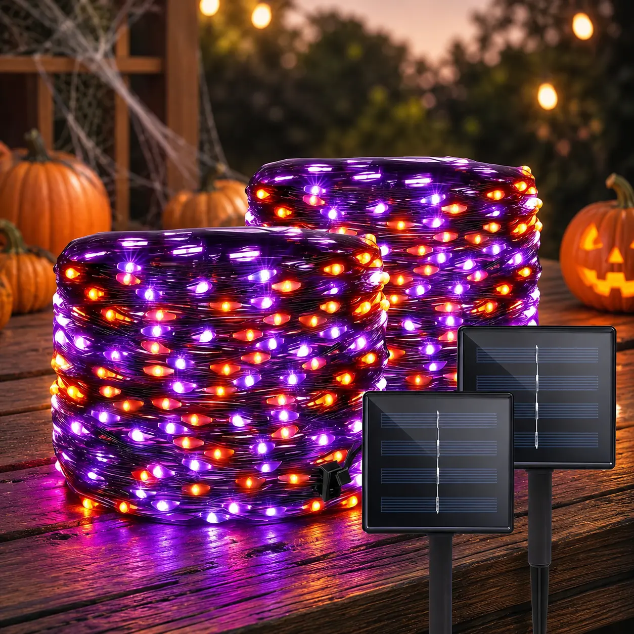 Solar-Powered LED Halloween String Lights (2pcs), 72ft 200 LED Orange & Purple Fairy Lights with 8 Modes, 800mAh Nickel Battery for Yard, Garden, Halloween Decor, Halloween Decorations
