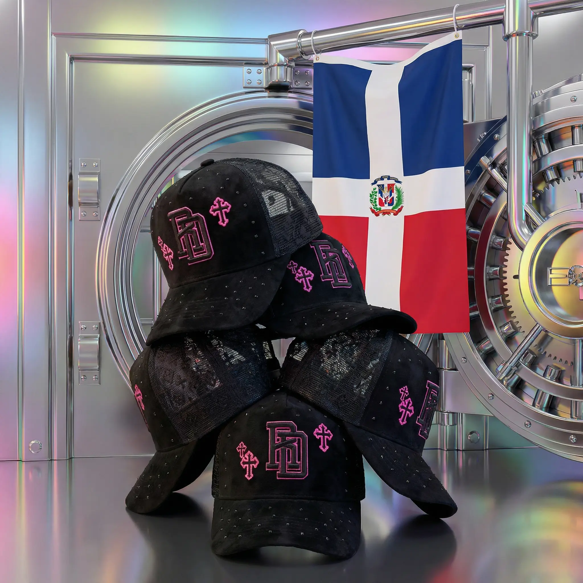 Republic Dominican RD Black Suede Trucker Hat with 3D Embroidery and Crosses, Stylish Luxury Style for Going Out Statement Cap Casual Summer Hat