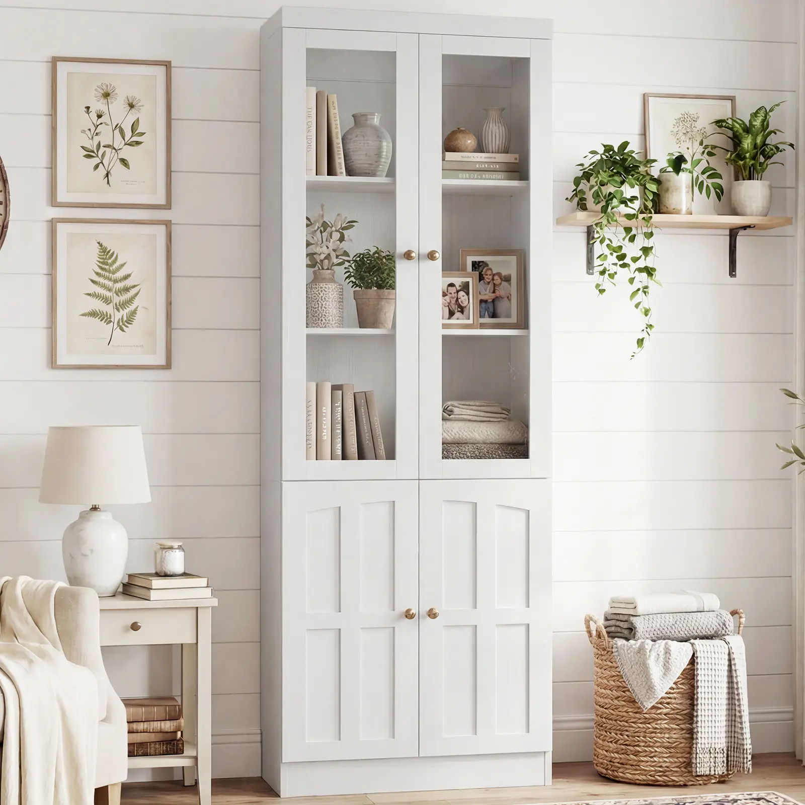 Cyclysio 80-in Tall Farmhouse Bookshelf with Tempered Glass Doors, 5-Tier Adjustable Shelves, Dustproof Family-Friendly Home Storage Cabinet for Living Room, Book Nook & Collectibles Display (Clean Aesthetic)