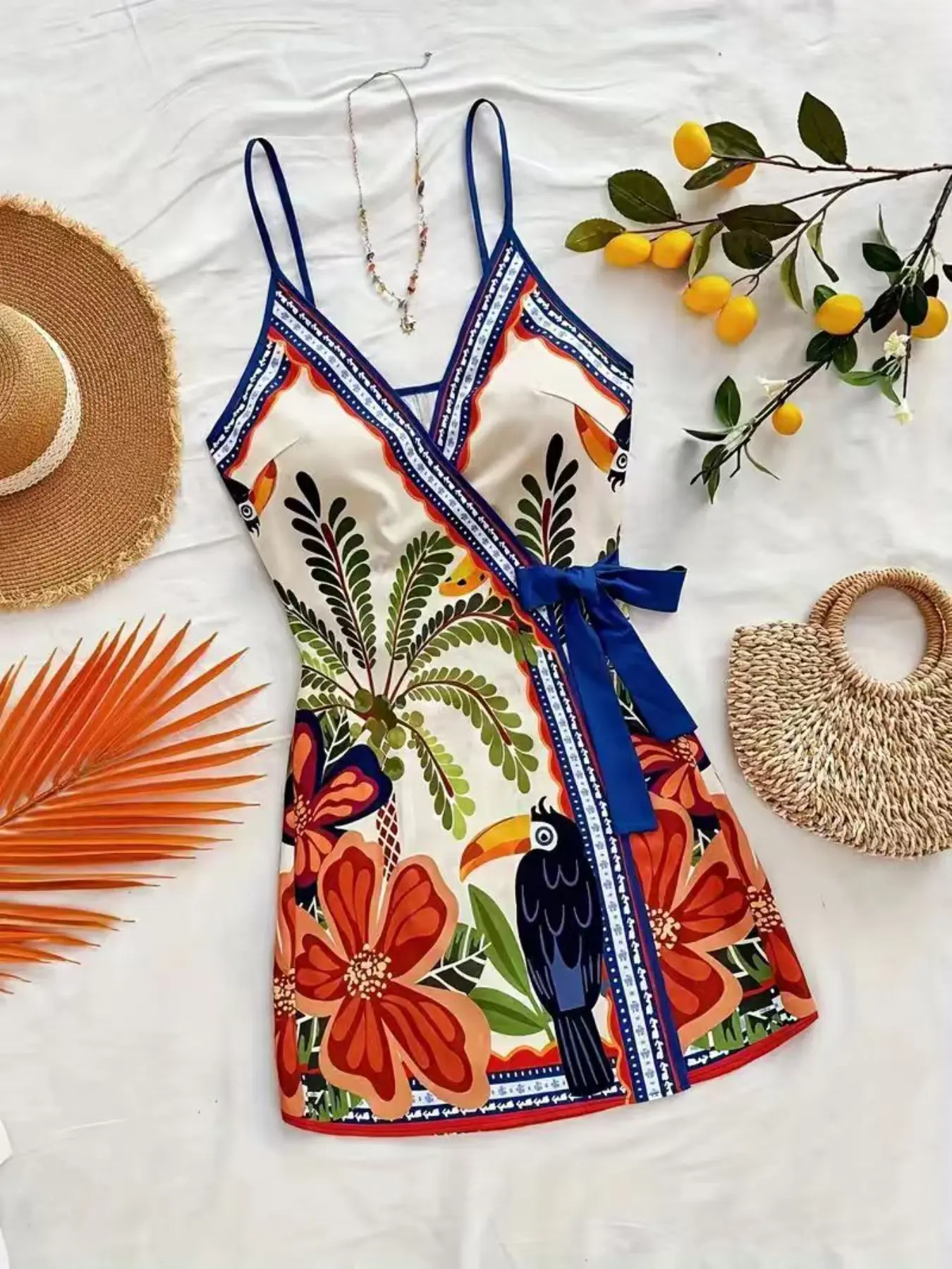 Women's Tropical Toucan Floral Print Wrap Mini Dress, Sleeveless Thin Straps Deep V Neck Tie Waist Beach Vacation Short Dress, Summer Beachwear