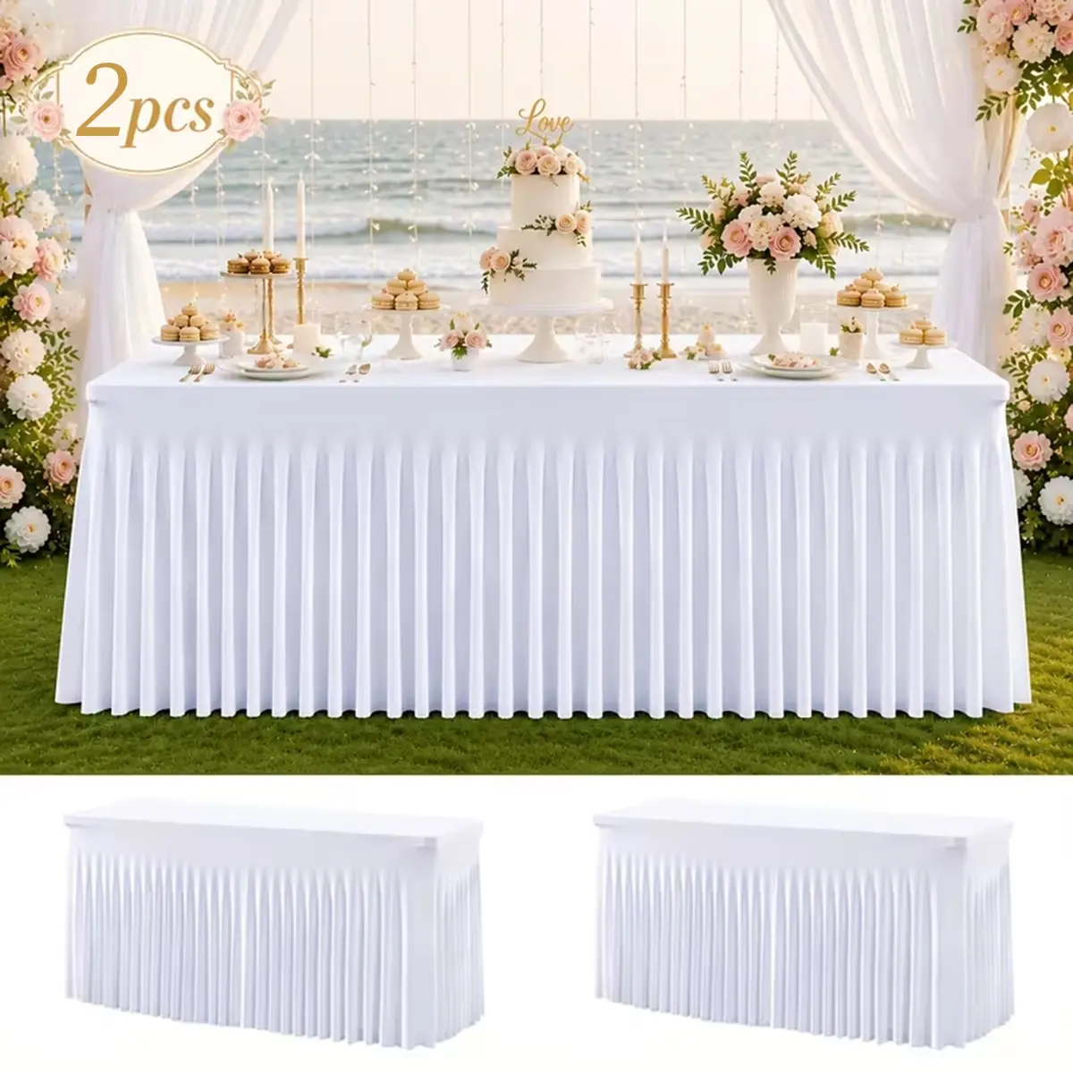 2-Pack 6FT Stretch-Fit Spandex Tablecloths with Ruffle Skirts for Rectangle Tables, Wrinkle-Free Party Decorations for Wedding Events, Baby Showers