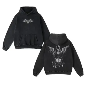 Y2K Gothic Angel Washed Hoodie, Sad Angel Tshirt – Dark Aesthetic Streetwear, 2k Clothing,Menswear Oversized Tops, gym,Clothing,Clothes gothic y2k,Vintage Mens