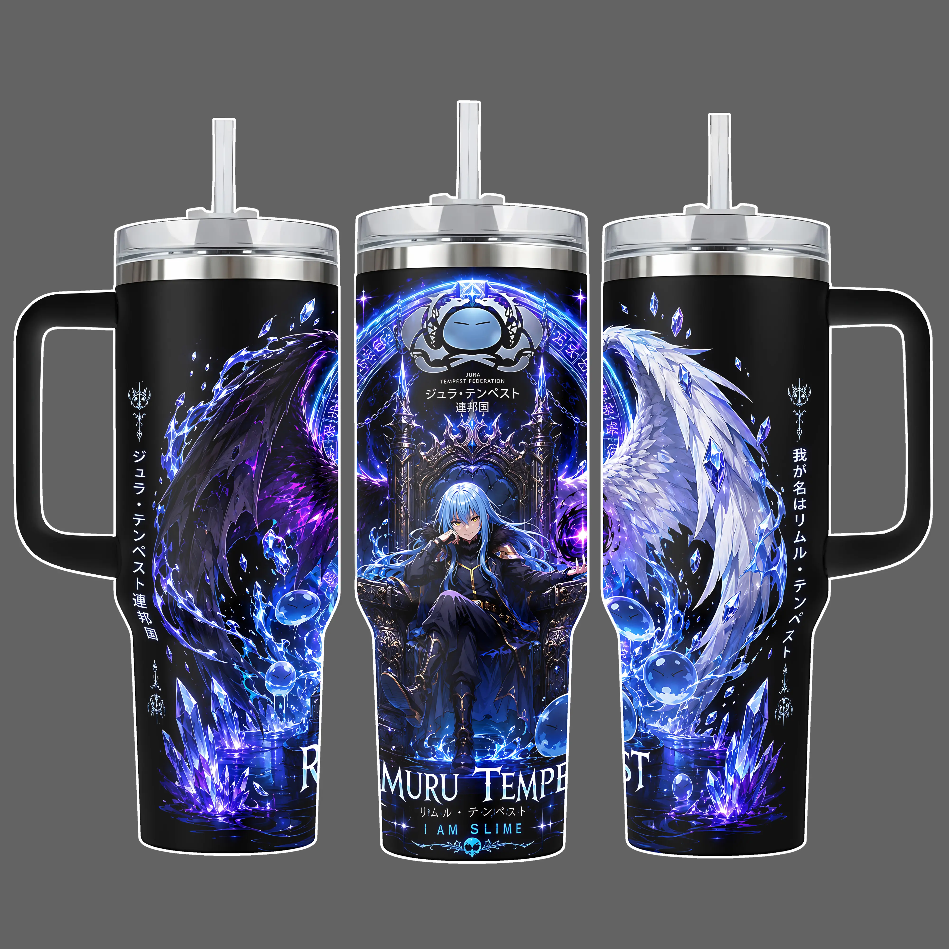 Rimuru Tempest Demon Lord Anime Tumbler, Dark Angel Wings Throne Full Wrap Design, Stainless Steel Insulated Cup 20oz/40oz with Straw Lid Included