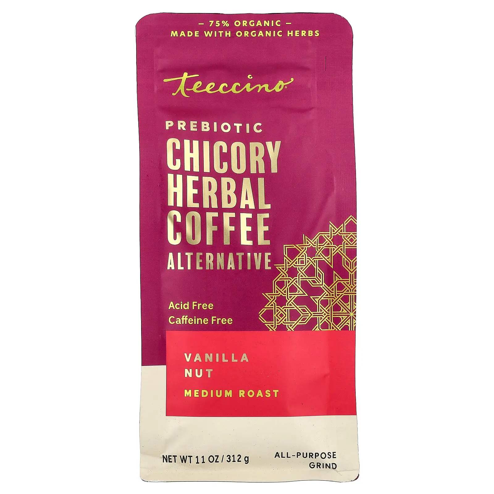 Teeccino Prebiotic Chicory Herbal Coffee Alternative, Vanilla Nut, Medium Roast, Caffeine Free, 11 oz (312 g)