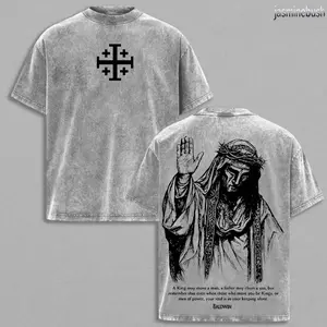 Men's Classic Oversized Seamless Cotton Short-Sleeve Baldwin IV "The Leper King" Washed T-Shirt, Crusader King of Jerusalem Tee, Jerusalem Cross Medieval Christian Gothic Faith Streetwear, Jesus Apparel 0KN