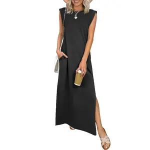 Women Summer Casual Sleeveless Maxi Dress 2026 Crewneck Loose Split Wrinkle-Free Beach Travel Vacation Long Sundress