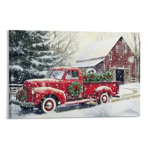 Bedroom Winter Vibe Vintage Truck And Red Barn Prints on Canvas, A Rustic Christmas Poster Canvas Poster Bedroom Decor Sports Landscape Office Room Decor Gift Frames Ornaments Decoration Wall