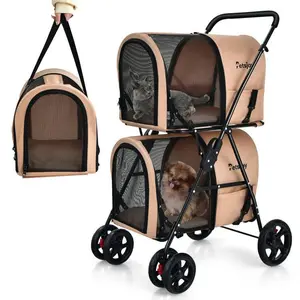 Petshow 4-in-1 Double Pet Stroller with Detachable Carrier & Travel Carriage 2 Decker Multifunctional Design Foldable Frame Shock-Resistant EVA Wheels Pet-Friendly Carriage Bag Premium Oxford Fabric