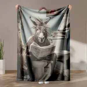 1 piece The Reading Donkey's Fun Time in the Restroom themed flannel blanket - Modern design flannel blanket, suitable for sofas and beds, all-season multi-purpose use, super soft and warm, digital printing, 100% polyester material, machine