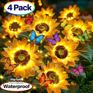 4-Pack Solar Sunflower Lights, 12 Lifelike LED Flowers, IP44 Waterproof Garden Stake Lights With Auto On/Off, Realistic Floral Landscape Path Lighting For Patio, Yard, Porch, Heavy Duty Outdoor Decor With 8 Pcs Clip-on Butterfly Accessories