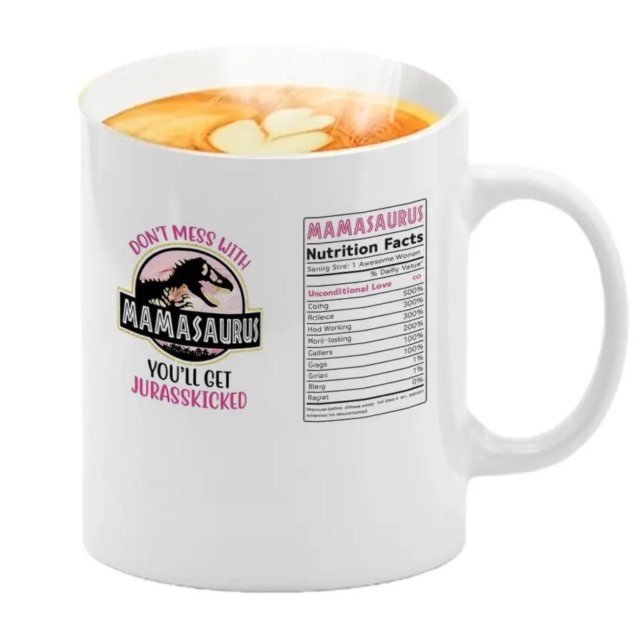 11oz Sturdy Washable Ceramic Coffee Mug with Handle - "Don't Mess With Mamasaurs You'll Get Jurasskicked" Funny Dinosaur Mugs, Microwave Safe, Multicolor 0-500ml Jurassic Park Parody Drinkware, Unique Mother's Day Gift for Mom (Home Use)