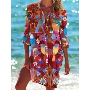 Spring/Summer Women's Plus Size Shirt Coat Women's Printed Vacation Beach Shirt