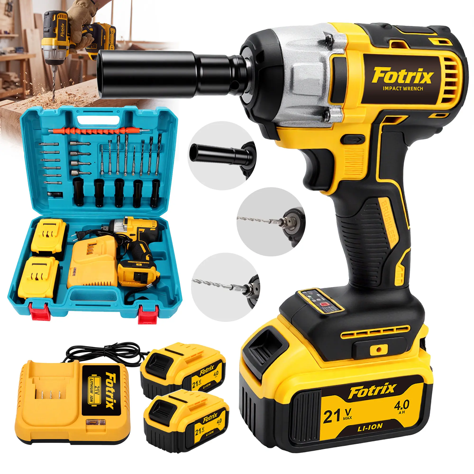Fotrix 3-in-1 cordless impact wrench, 1/2-inch impact gun, high-torque electric impact driver, equipped with 2 21V 4.0Ah batteries, LED light, sockets, drill bits, and a tool set.Suitable for loosening car wheel lug nuts and home DIY projects.