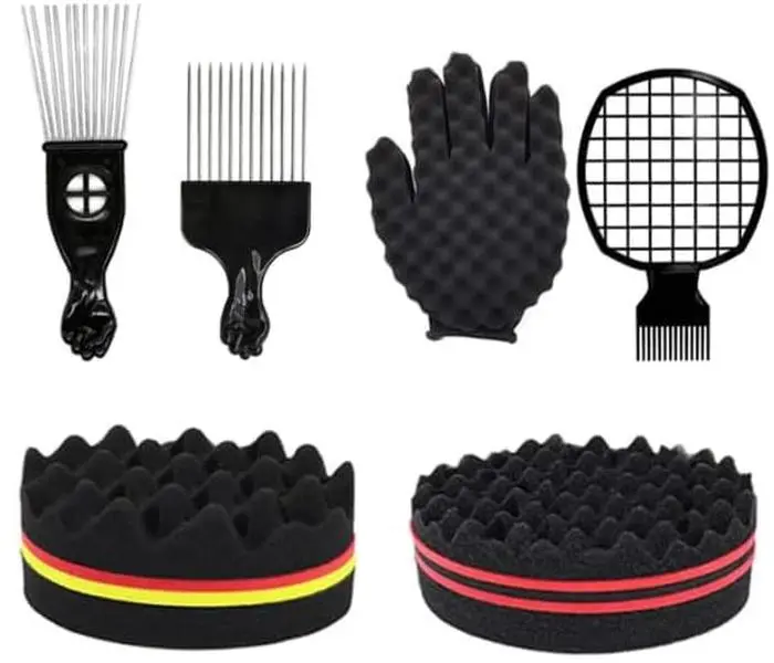 6-Piece Afro Hair Styling Set – Hair Sponge, Curl Glove, Metal Pick Comb & Twist Comb for Curls, Coils & Textured Hair, Black