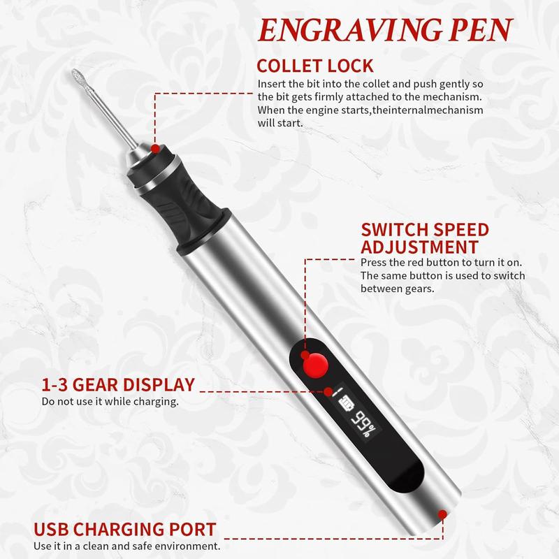 Engraving Pen with 30 Free Diamond Bits for Personalized Gifts & Practice Canvases Easy to Use USB-C Fast Charger 3 Speed Settings 8000-21000 RPM