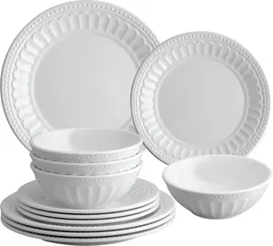 12 Piece Chateau Melamine Dinnerware Sets, Outdoor Dishes Set, Plates and Bowls Sets, Service for 4, White