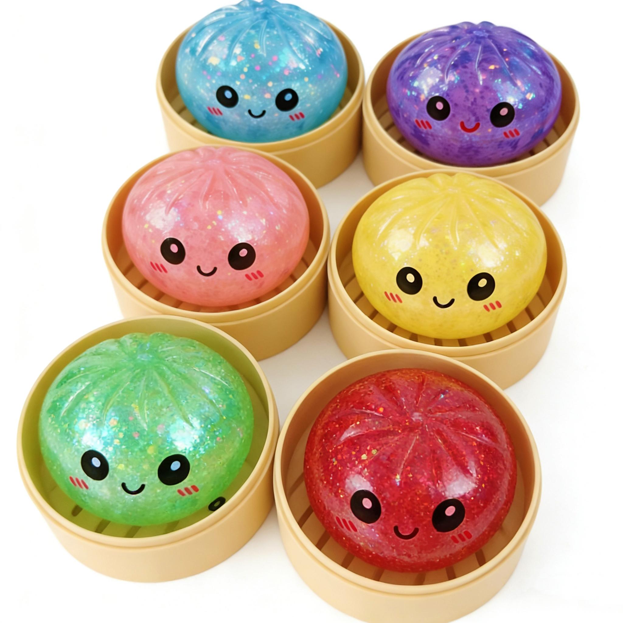 Glitter Smiling Dumpling Squishy with Steamer Box – Maltose Texture Soft TPR Fidget Toy for Kids & Adults, Cute Emoji Squeeze Ball, Ideal for Stress Relief & Gifting