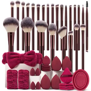 45 Piece Makeup Tool Set Includes 25 Brushes, 4 Sponges, 4 Mini Sponges, 4 Triangle Puffs, 4 Mini Cushion Puffs, Hair Tie, Hand Bowls, Brush Cleaner