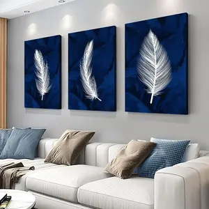 2D 3pcs Navy Blue Feather Canvas Art Suit-Modern Waterproof Wall Decoration, Suitable for Living Room, Bedroom, Office, Etc.-Pine Frame, Canvas Poster, Cafe and Bar, Dormitory Gift Print Hanging Ornaments