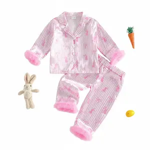 Global Baby 2Pcs Easter Pajamas Sets for Girls Long Sleeve Lapel V Neck Button Down Bunny Bow Print Tops and Elastic Waist Pants long-sleeved pink striped silk pajamas set