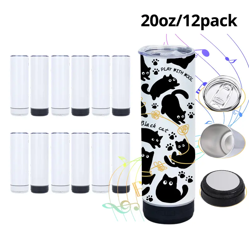 12Pack 20oz Sublimation Bluetooth Tumbler Speaker, Straight Skinny Double Wall Music Tumbler With Lid, Black and White Mixed, USA Warehouse Flasks