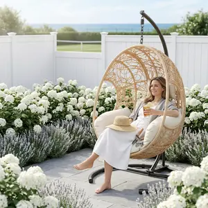 42-Inch Extra Wide U-Base Hanging Egg Swing Chair, 400lb Capacity Outdoor Patio Furniture with 8-Inch Cushion, Weatherproof PE Rattan & Waterproof Cover for Garden, Balcony Use