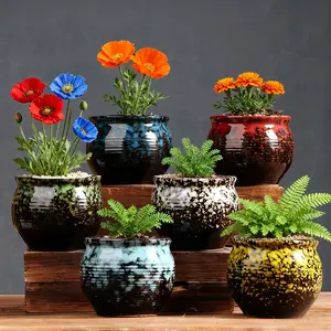 "Glazed Retro Ceramic Planters | 6-Piece Colorful Pot Set for Windowsill/Indoor Plants (US Fast Ship)"