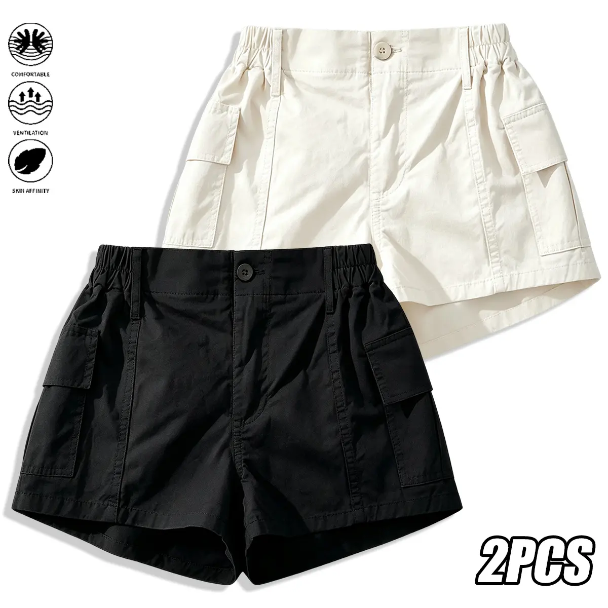 2-piece set, women’s casual cargo shorts with a minimalist solid-color design and button details, suitable for work commutes and everyday wear; women’s shorts.