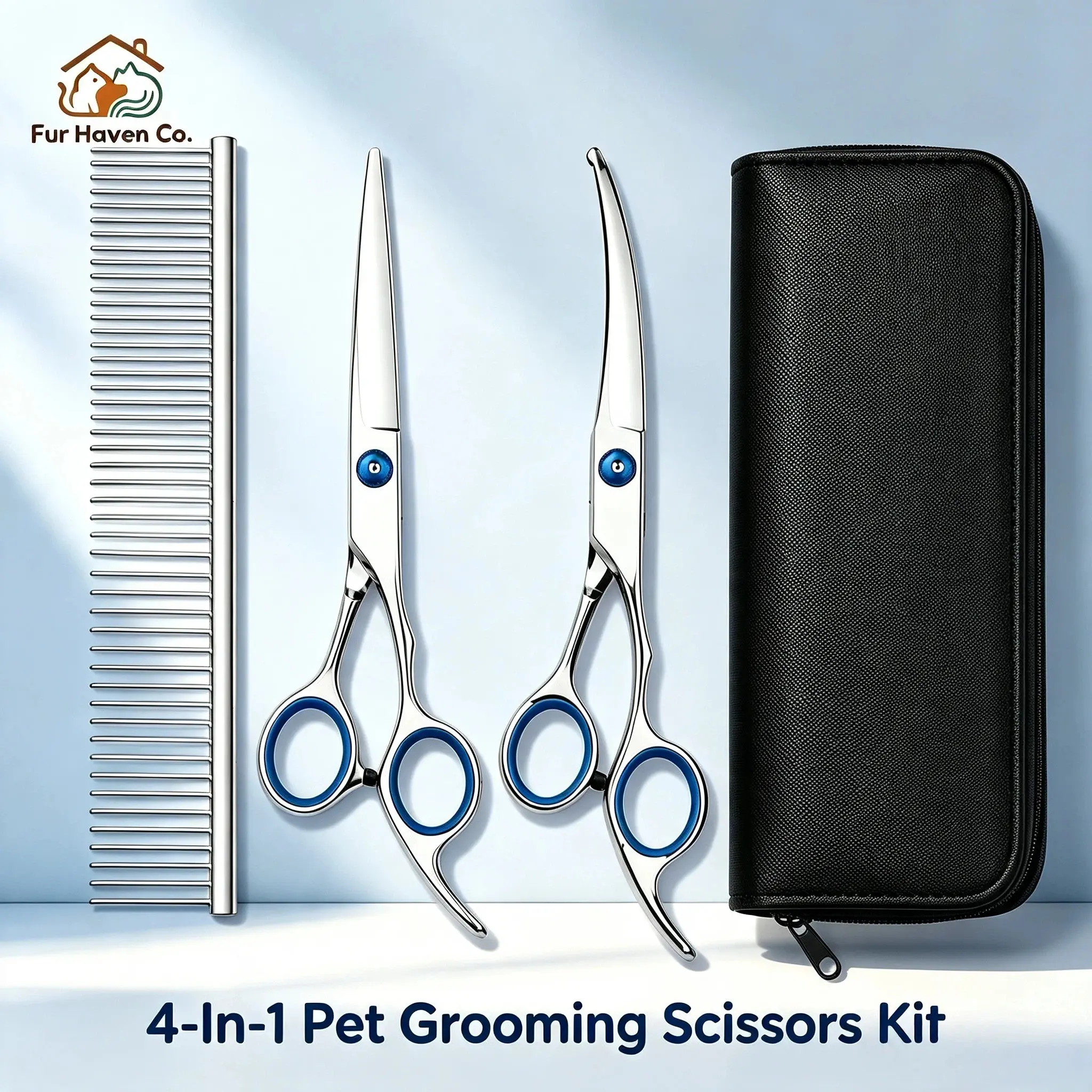 4Pcs Stainless Steel Pet Grooming Scissors Set with Storage Bag, Professional Pet Hair Trimming Shears for Dogs & Cats