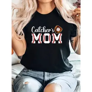 Women's Catcher's Mom Short-Sleeve Cotton T-Shirt - Round Neck, Super Soft, Stylish, Loose Fit Casual Streetwear Sports Top for Daily Wear, Parties, Shortsleeve, Tshirt