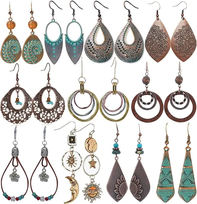 11Pairs Bohemian Vacation Style Vintage Women's Fashion Earrings Multi-Piece Set - Stylish and Unique Exaggerated Accessories - Suitable for Daily Life, Work, Travel, Outings, Vacations, and Street
