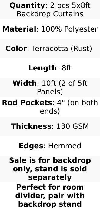 2 Pack 5ftx8ft Terracotta (Rust) Polyester Backdrop Drape Curtains With Rod Pockets, Event Divider Panels 130GSM