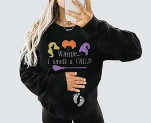 Winnie I Smell A Child Halloween Pregnancy T-Shirt, Sweatshirt, Hoodie – Funny Hocus Pocus Inspired Maternity Shirt with Baby Feet Print for Expecting Moms