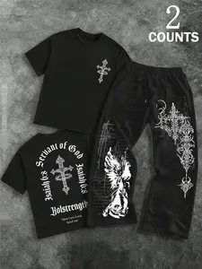 Dark Cross Suit Set, Angel Print Details, and, Loose Fit, Casual Style, Perfect for Daily Wear, Subculture Fashion