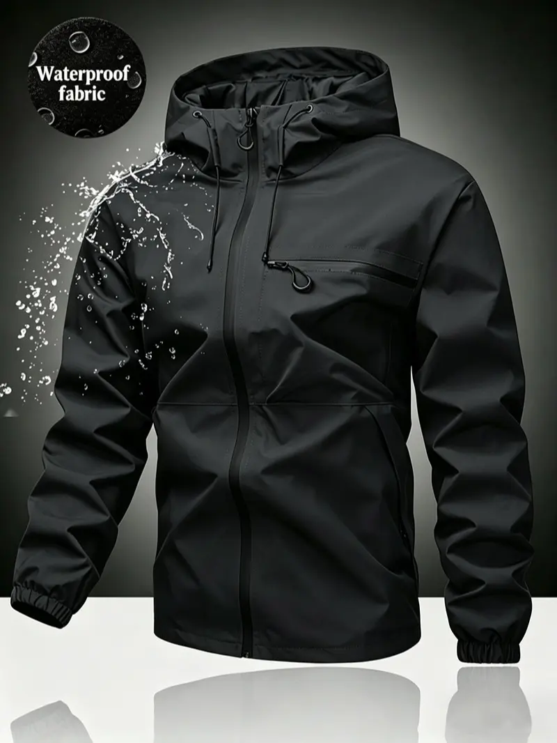 Men’s solid-color waterproof hooded windbreaker, functional outdoor sports jacket featuring a zippered chest pocket, adjustable drawstring hood, elastic cuffs, lightweight casual outerwear ideal for everyday commuting, hiking, camping, and more.