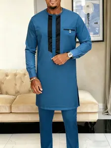 2 piece men's suit African style kaftan long sleeve round neck patchwork shirt and casual pants Muslim men's suit festive, men's traditional clothing suitable for party, gift giving, business, vacation