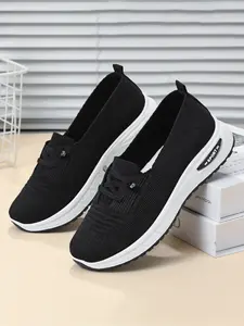 Women's Breathable Flyknit Mesh Slip-On Walking Shoes, Anti-Slip Thick Sole Cushioned Lightweight Slip Ons Casual Sports Shoes, Adjustable Elastic Laces Comfort Fit