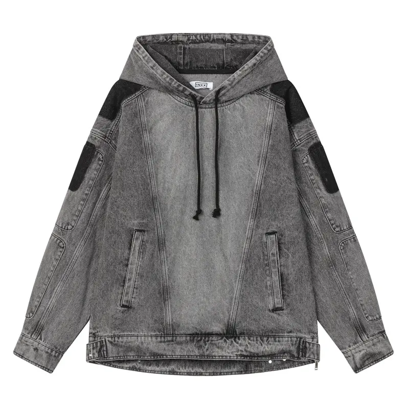 Men Vintage Washed Cotton Patchwork Denim Hooded Jacket, American Retro Distressed Biker Sweatshirt Coat, Designer Trendy Vintage Streetwear Outerwear for Spring Autumn Daily Wear summerwins