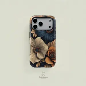 1PC Blue Beige Orange Floral Pattern Printed Phone Case， Durable 2in1 Shockproof Phone Cover， Phone Accessory for iPhone X 11 12 13 14 15 16 17 Pro Max for Galaxy S25 24 23 Ultra Series Holiday/Birthday Gift Simple Fashion Protective Shell
