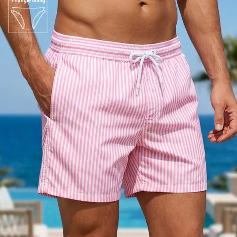 Men's Regular Fit Striped Print Shorts, Casual Comfy Breathable Shorts for Summer, Men's Bottoms for Beach Vacation, Men's Shorts, Swimwear Shorts, Swimsuit Shorts，Men's loose-fitting swimming trunks, quick-dry swimming trunks