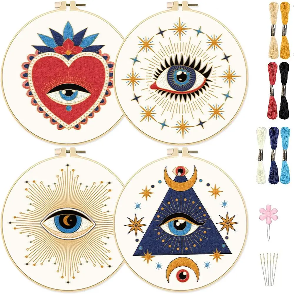 Evil Eye Pattern Embroidery Starter Kit for Embroidery Cloth, Embroidery Hoop Set, Embroidery Floss Set, Diy Cross Stitch Embroidery Set, Handmade Gifts, Embroidery Craft, Handicraft