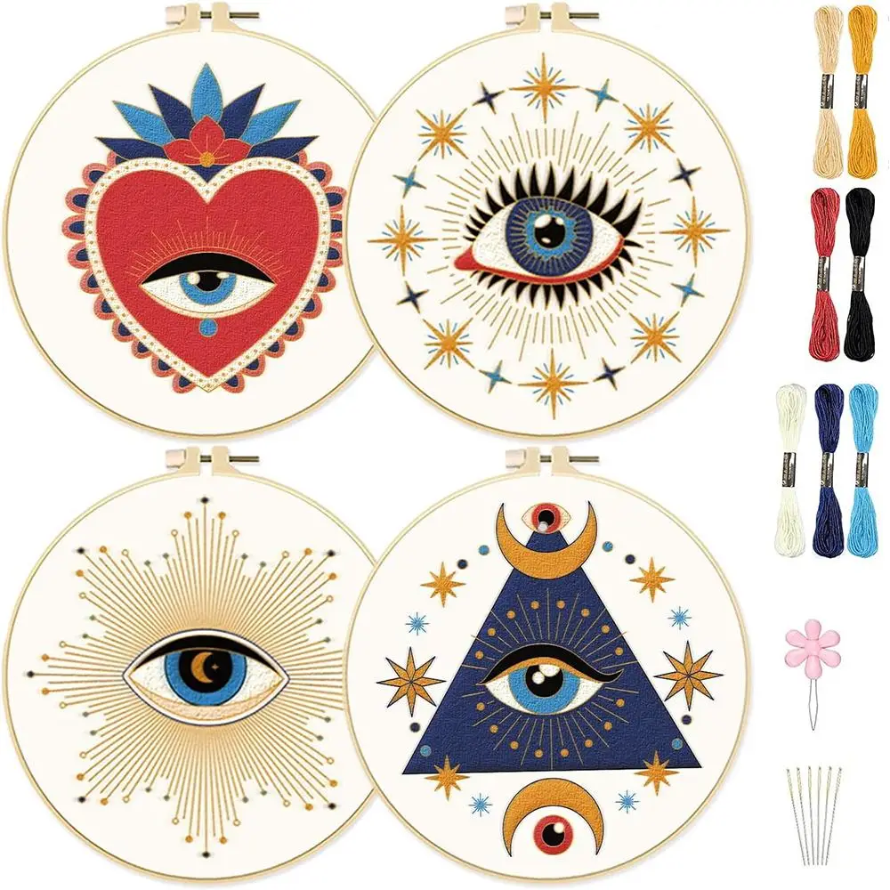 Evil Eye Pattern Embroidery Starter Kit for Embroidery Cloth, Embroidery Hoop Set, Embroidery Floss Set, Diy Cross Stitch Embroidery Set, Handmade Gif